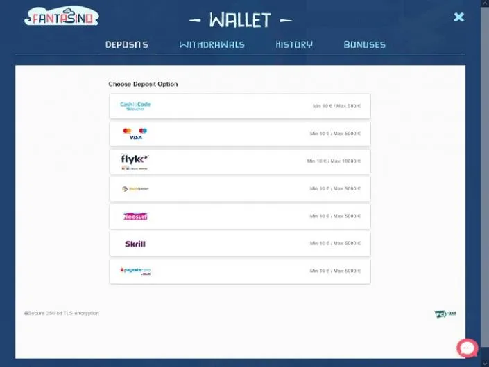 Fantasino Casino Zahlungsmethoden und Banking-Bereich