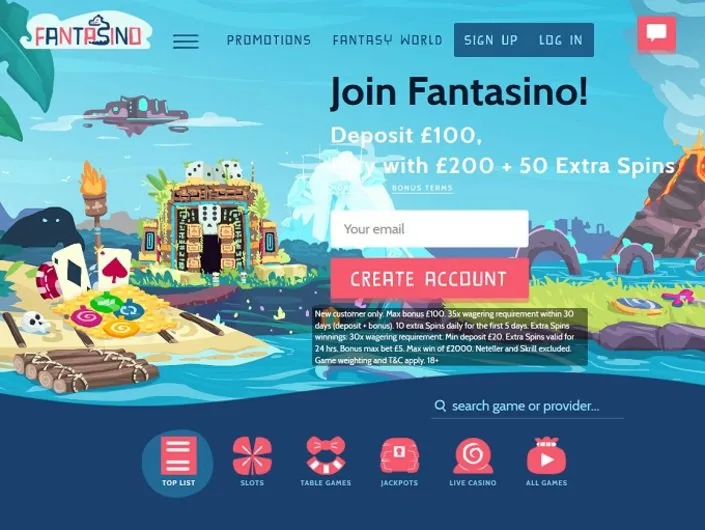 Fantasino Casino Homepage mit Fantasy-Thema und Spielkategorien