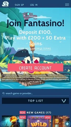 Fantasino Casino Mobile Homepage auf dem Smartphone