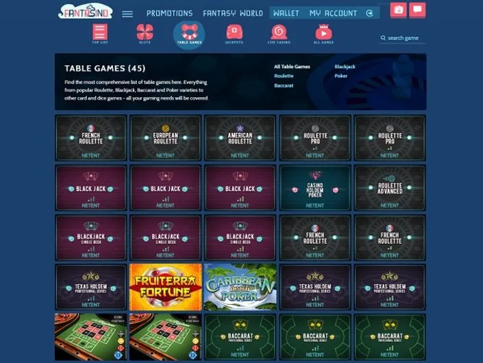 Fantasino Casino Spiellobby mit Tischspielen und NetEnt-Slots