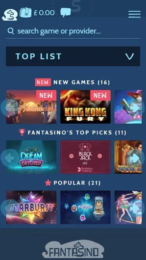 Fantasino Casino Mobile Lobby mit Spielkategorien